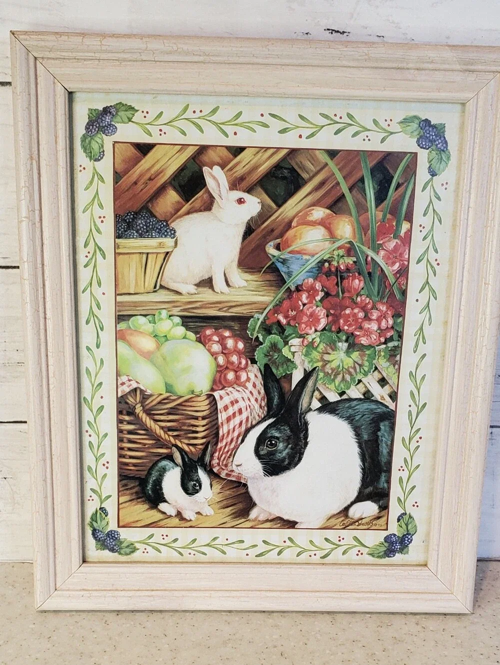Vintage Cottagecore Bunny Rabbit Framed Print Glass Wall Art Grandmacore 9.5x11.